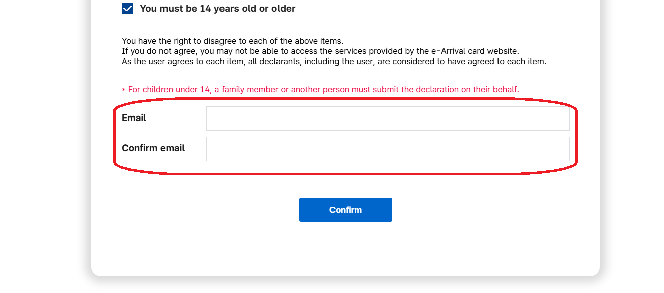Pantalla para introducir el email en la e-Arrival Card