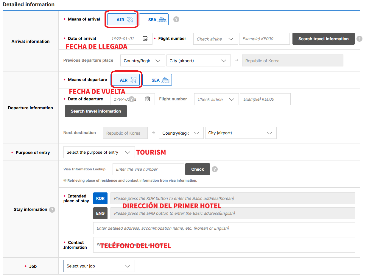 Formulario de datos del viaje en la e-Arrival Card: fecha llegada, vuelo, hotel, teléfono